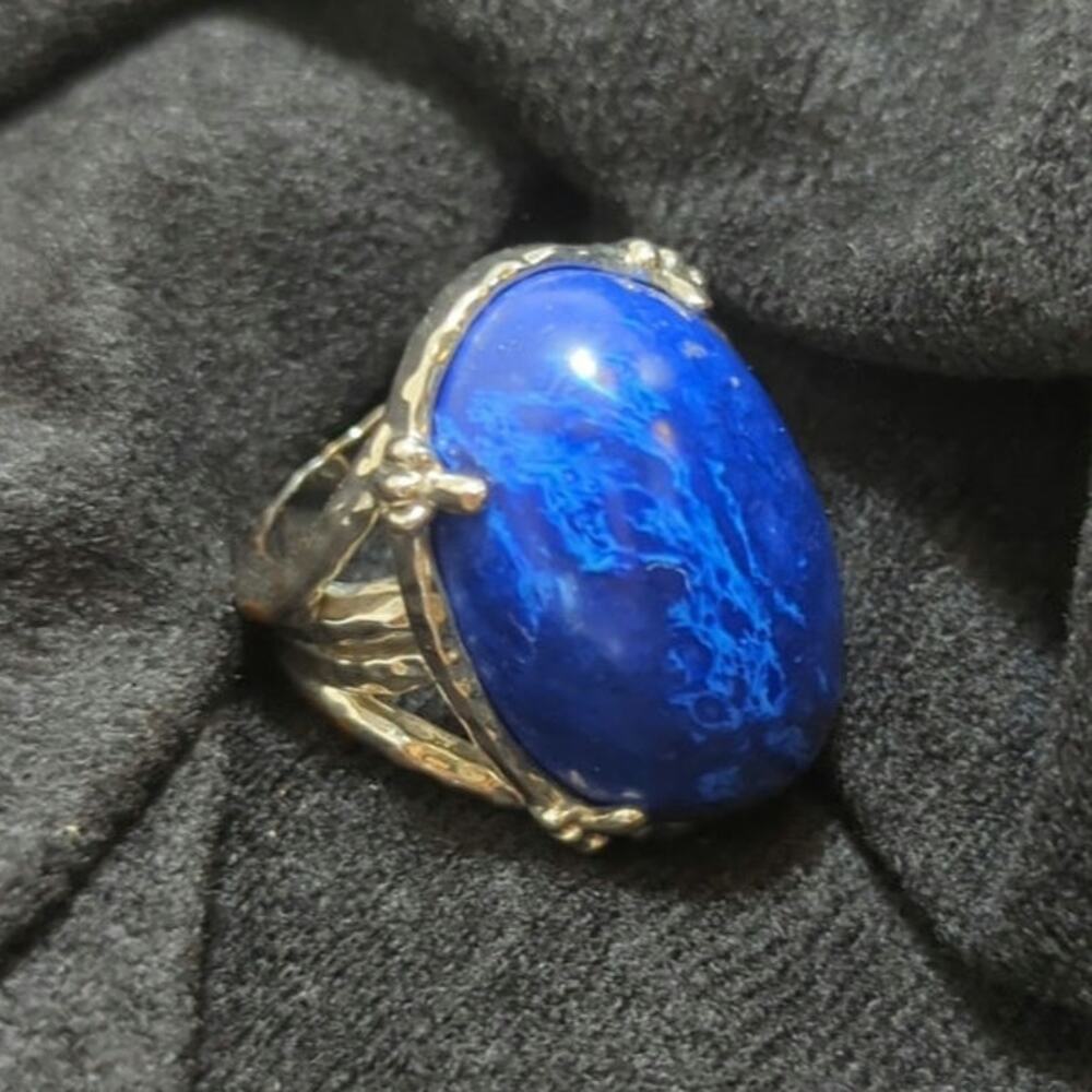 Large Cocktail Ring Blue Silver Tone Hollywood Regency Costume Jewelry Size 7